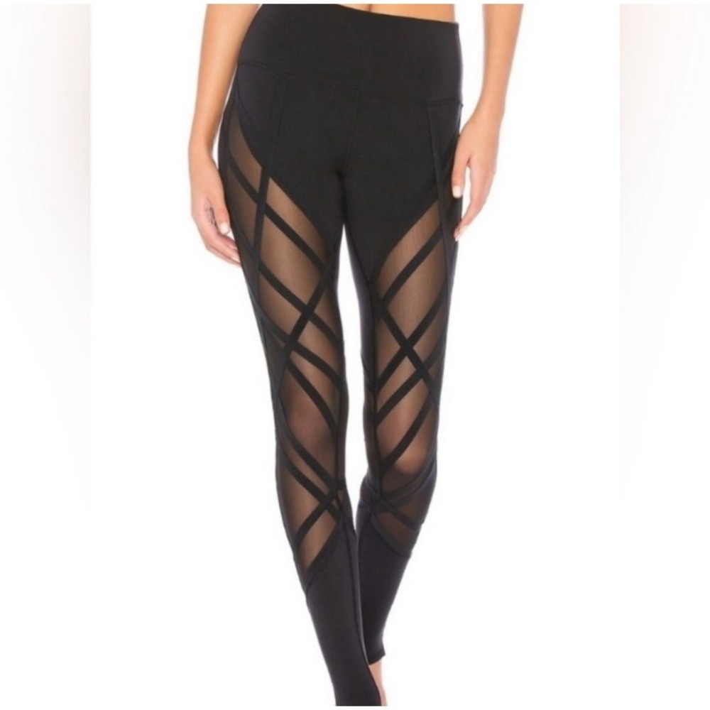 ALO Yoga Leggings Gray Mesh & Black Strap Cage Side Leg w/ Heel Holes SZ S